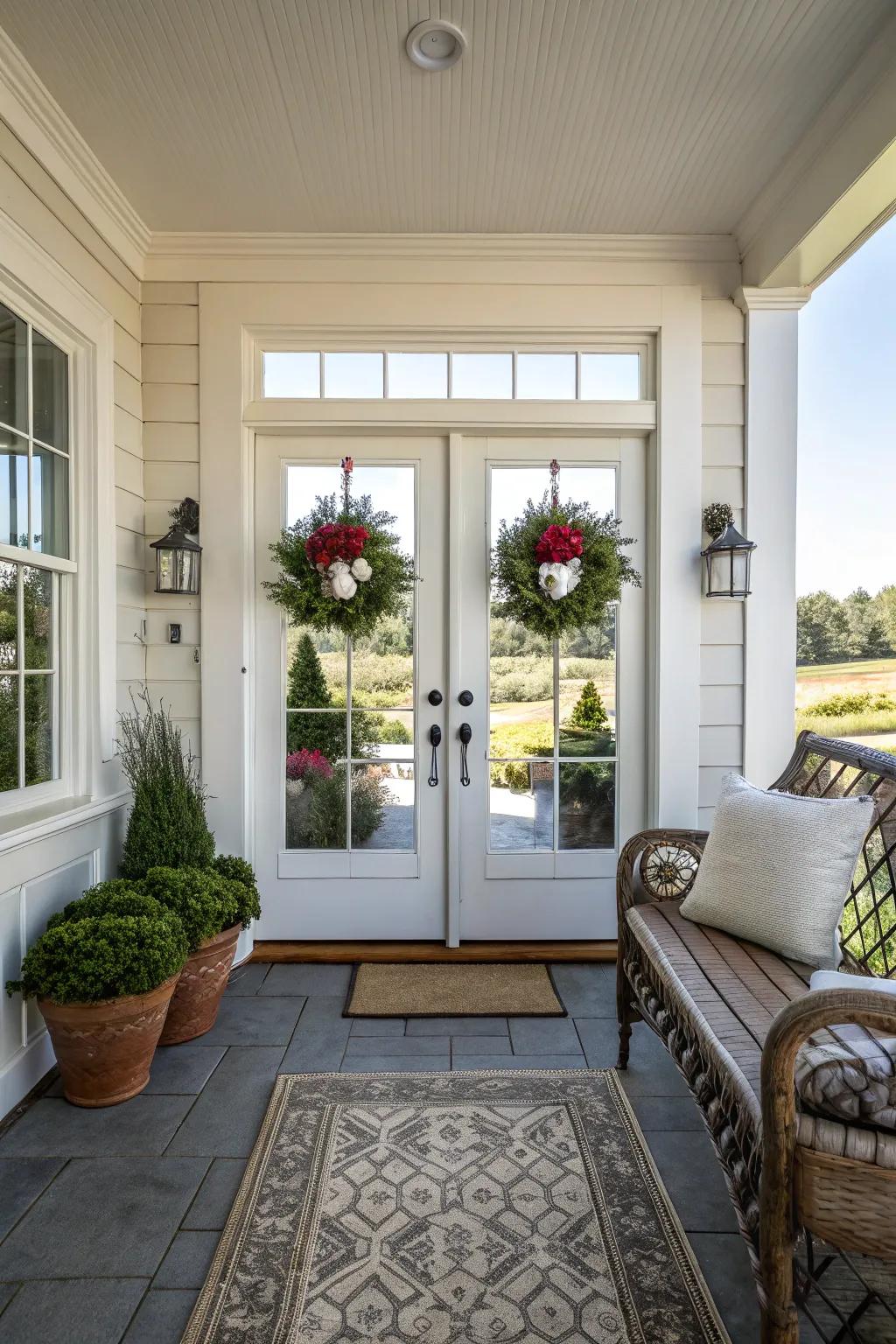 Holiday garlands that bring festive cheer to a welcoming entry.