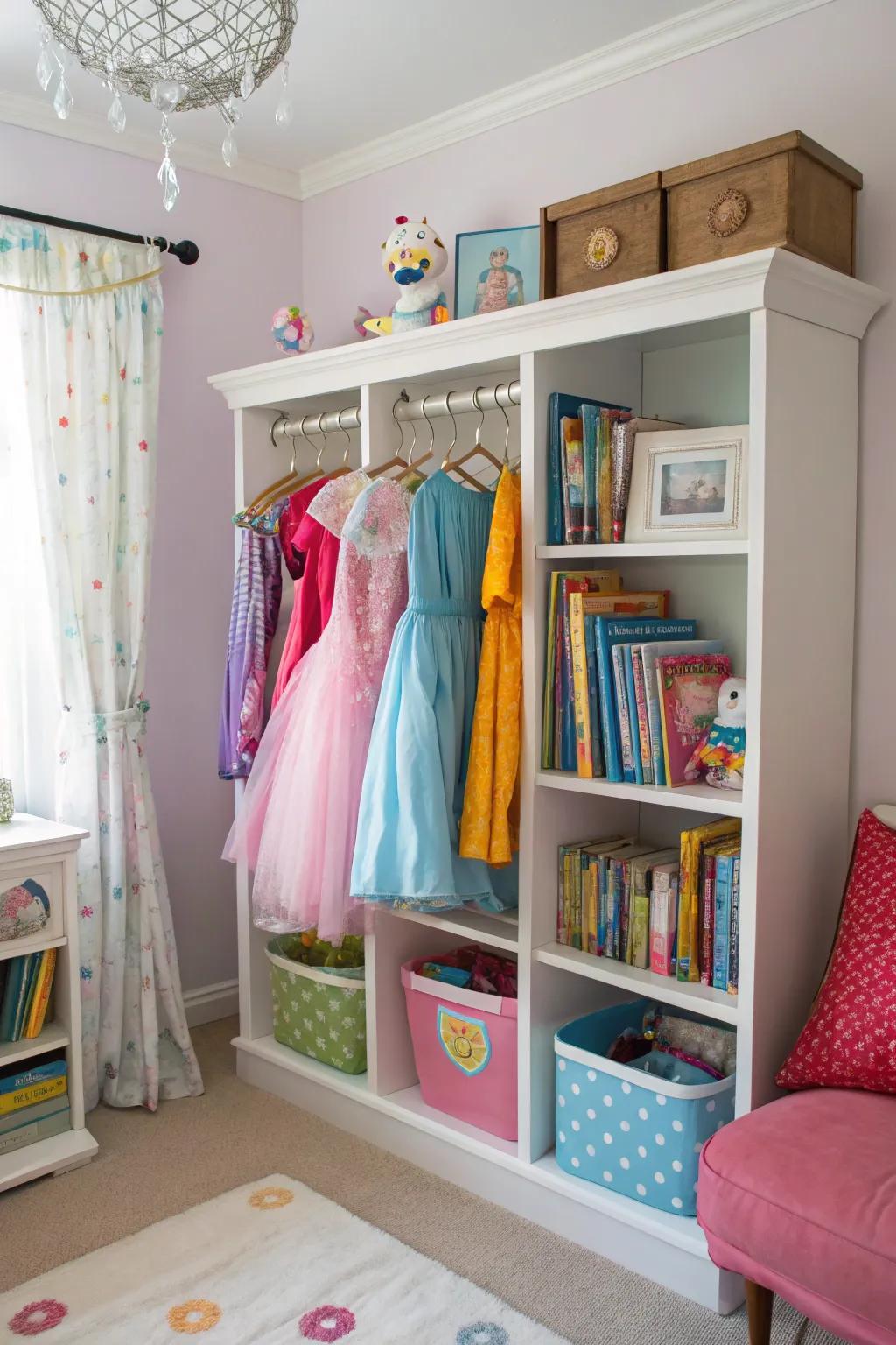 Using a bookshelf for storage is a smart idea.
