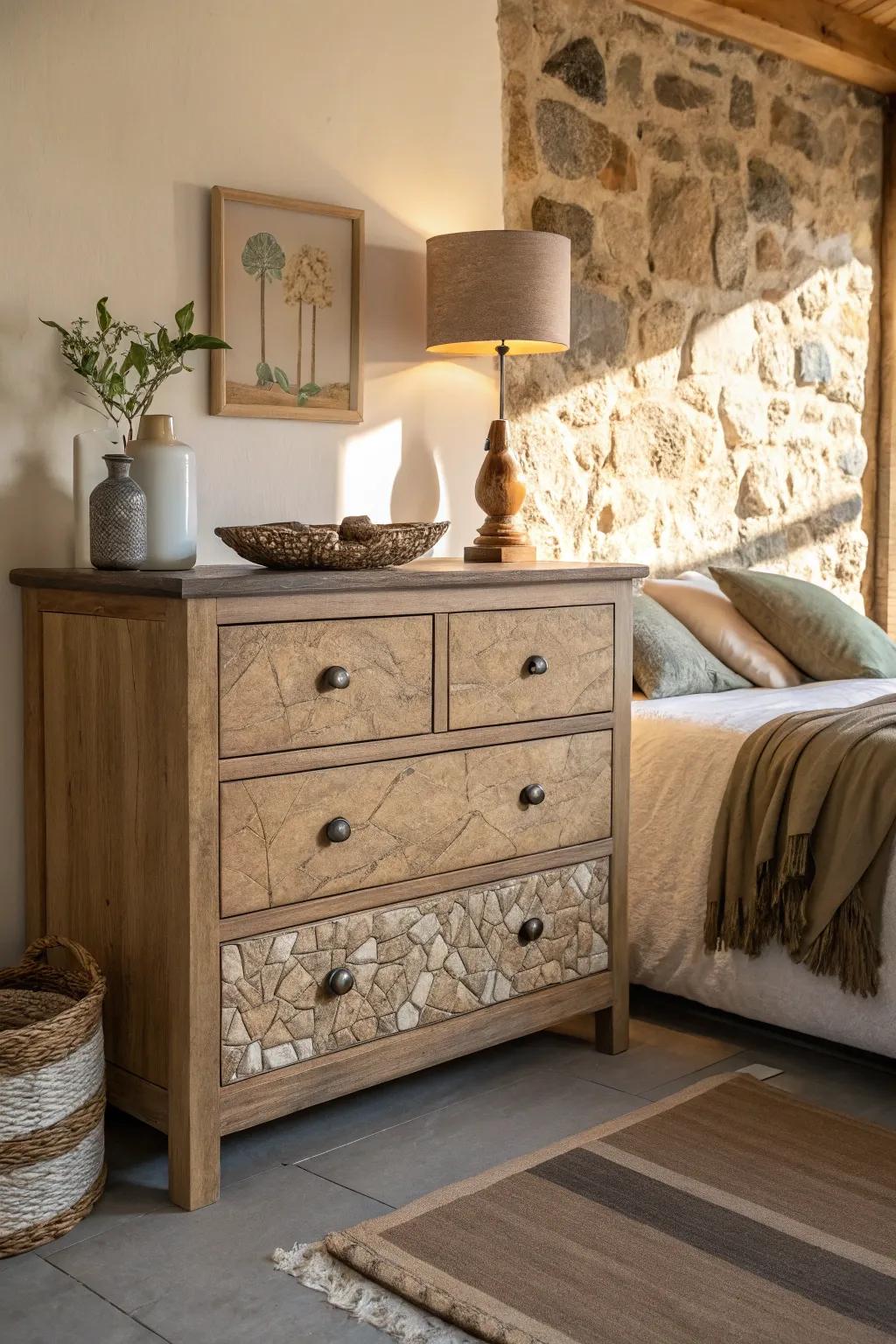 Natural textures bring grounding and warmth to the dresser.