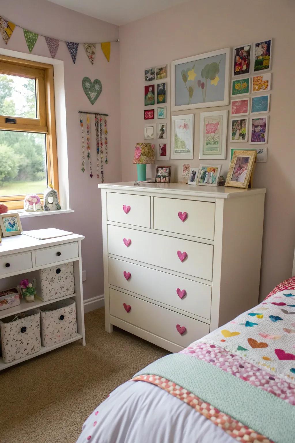A DIY-revamped dresser showcasing unique style in a compact bedroom.