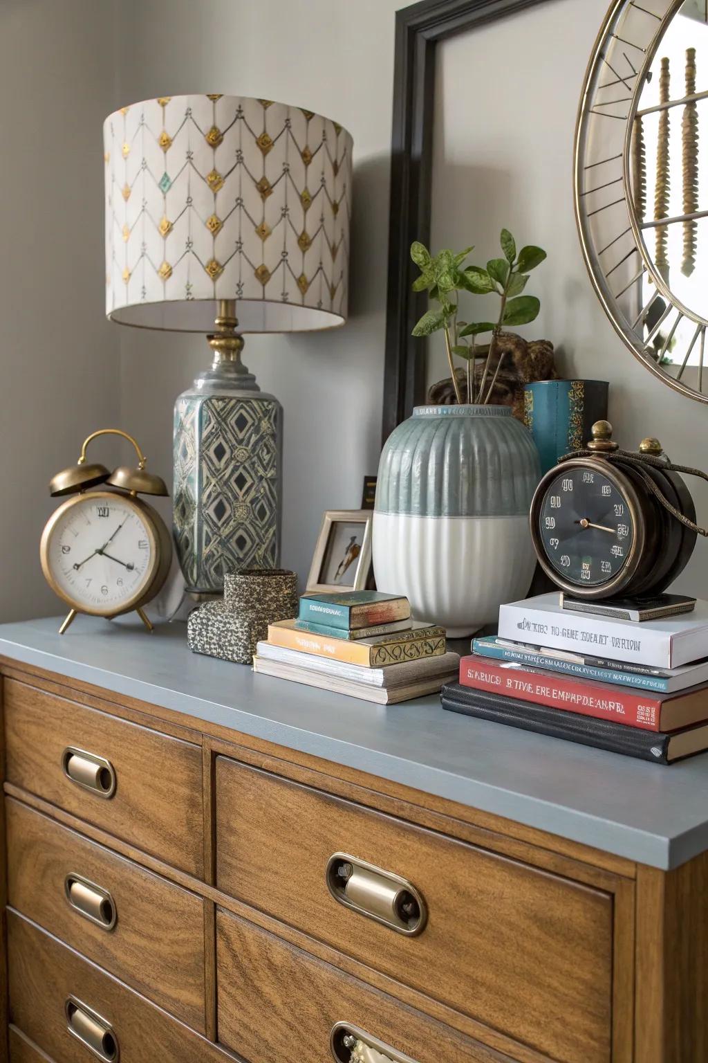 An eclectic assortment imbues distinctive charm into your dresser.