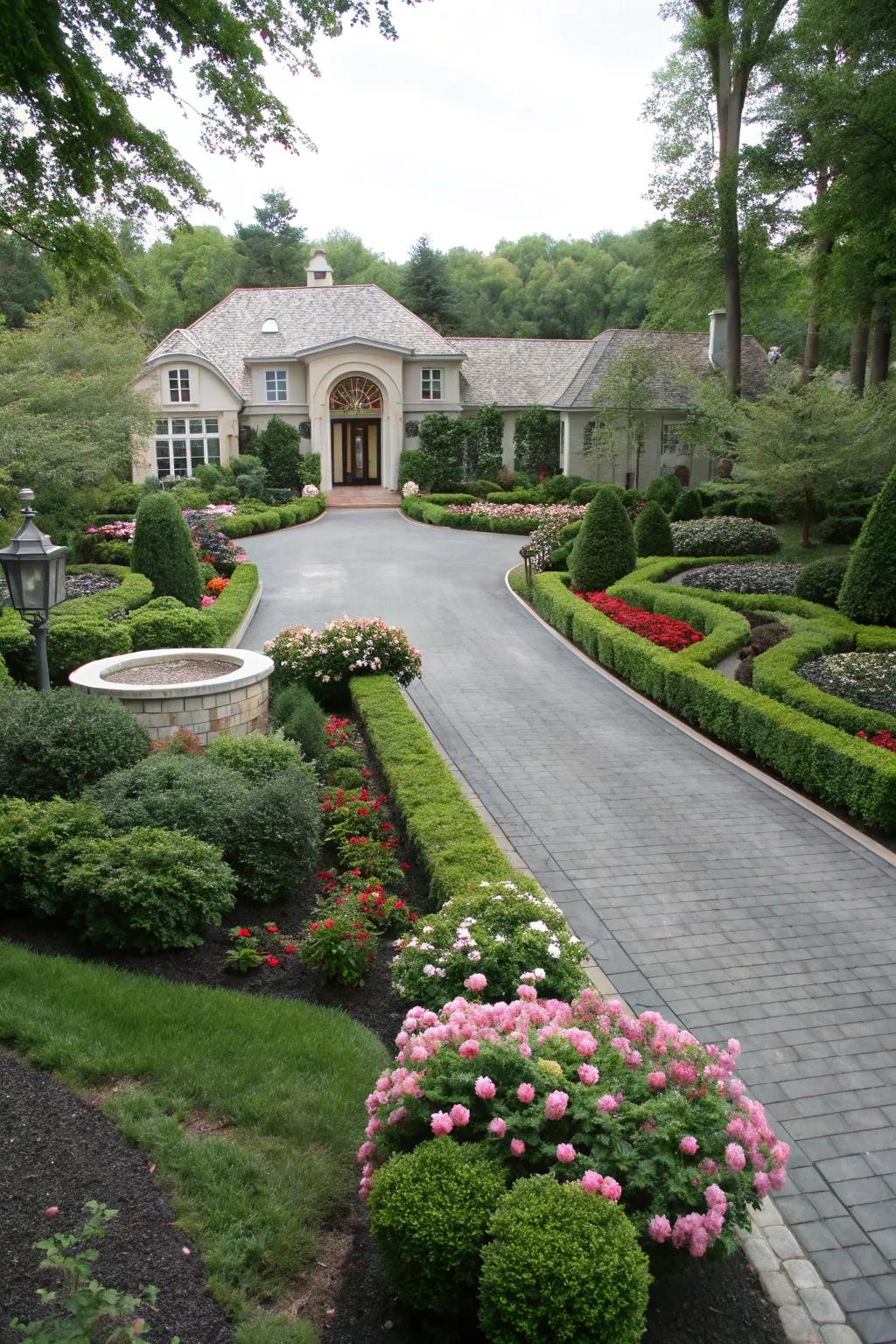 A functional horseshoe driveway featuring a central garden element.