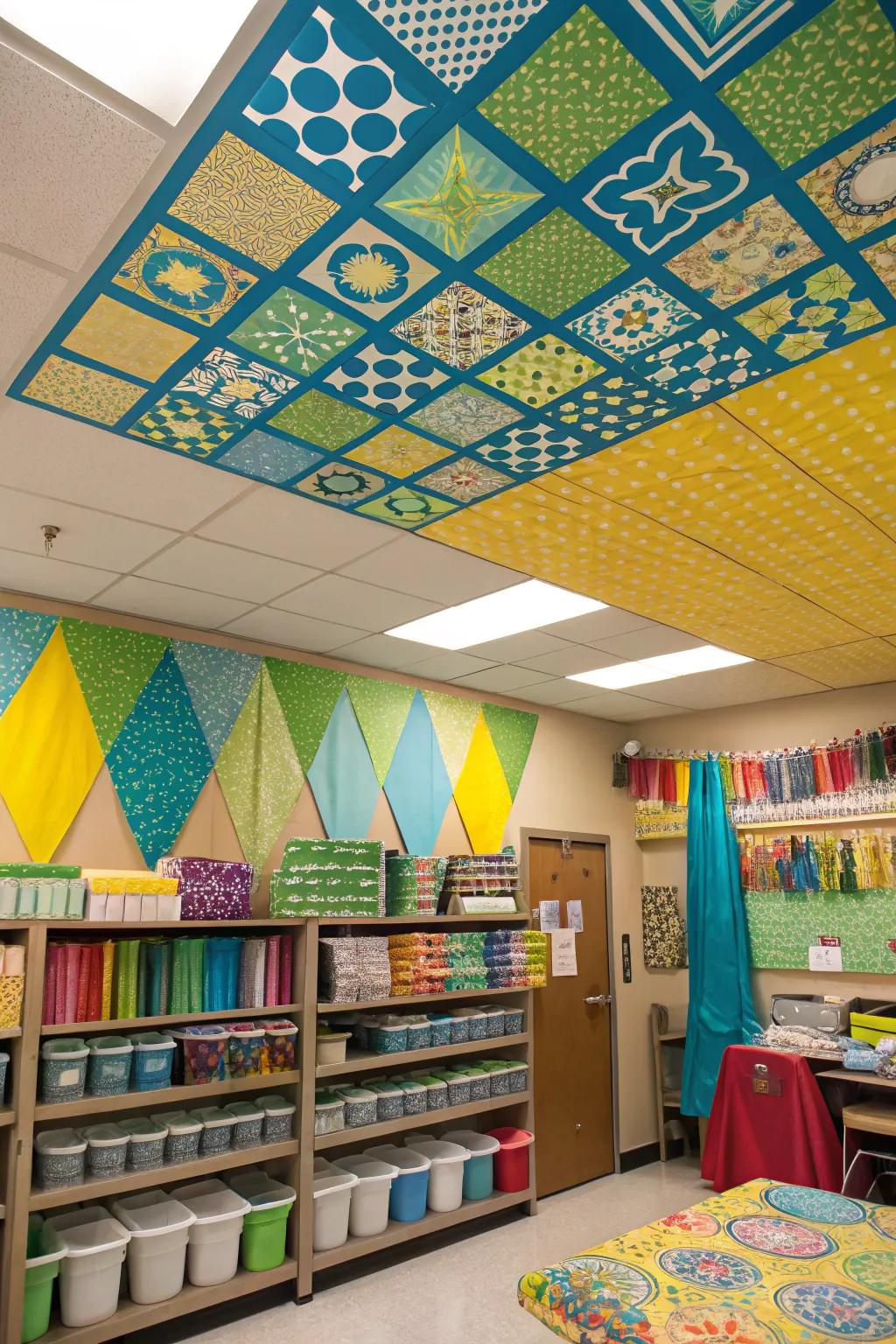 Fill spaces with enjoyment and creativity through patterned ceiling squares.