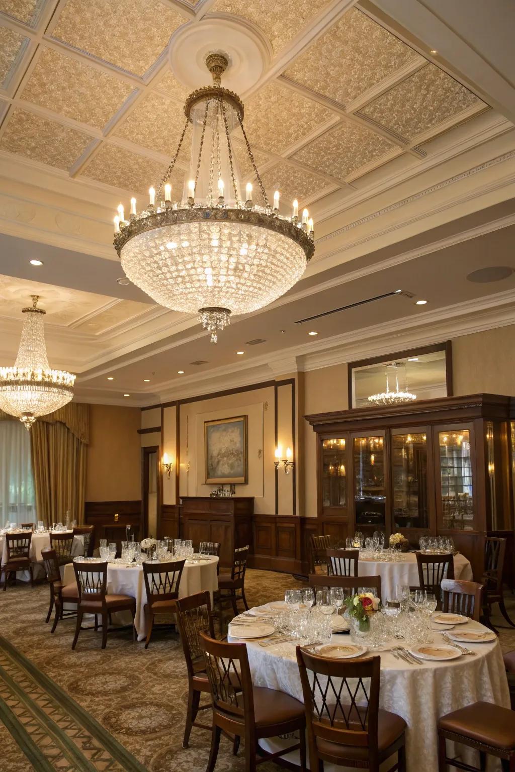 Crystal fixtures add luxury to this elegant dining room.