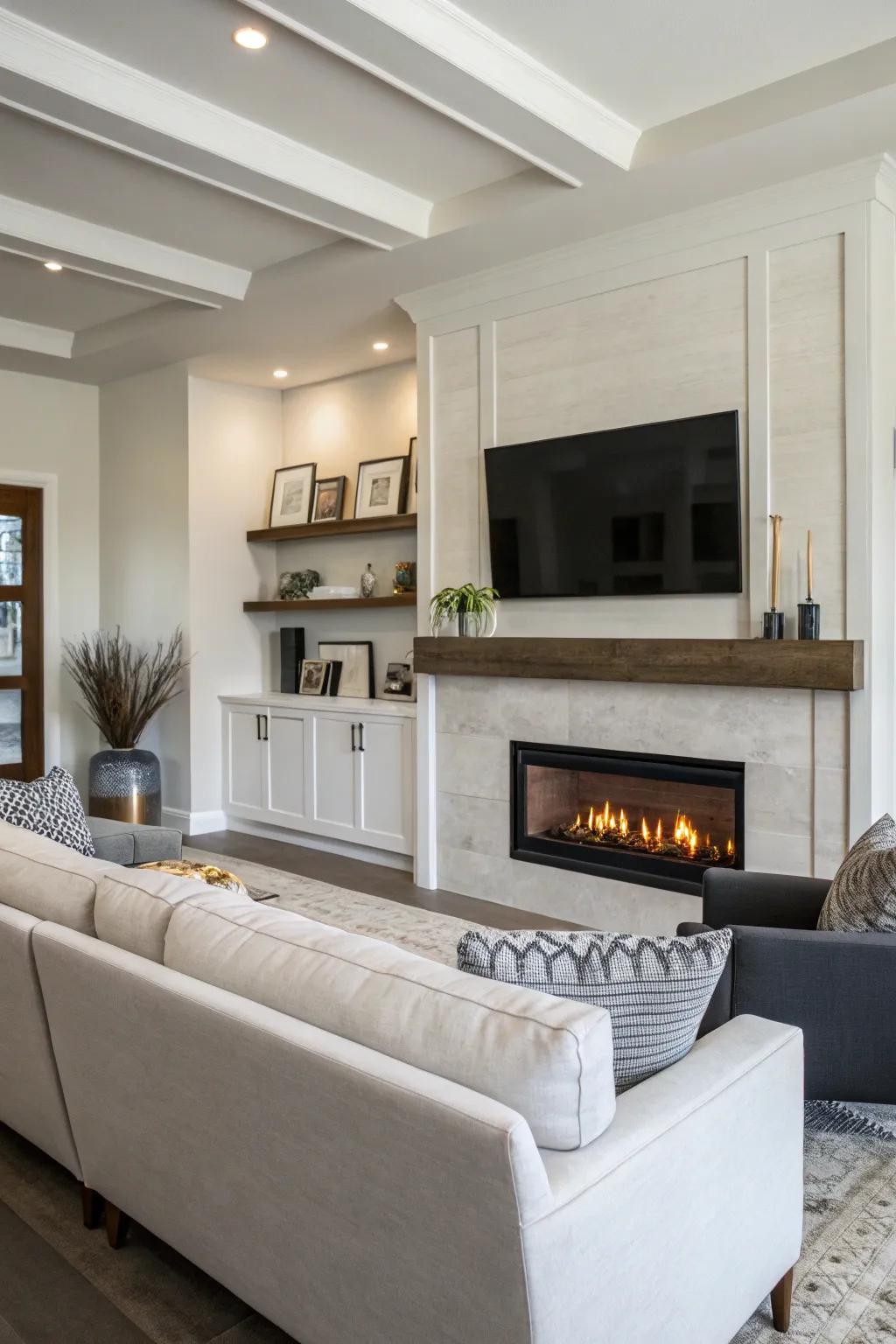 A plasterboard hearth with integrated display for a modern media zone.
