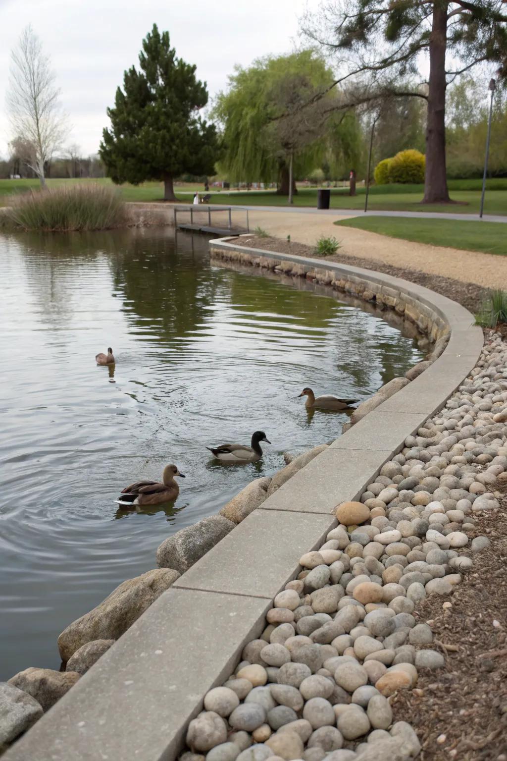 Rock and mortar edging provide a refined aesthetic to pond perimeters.