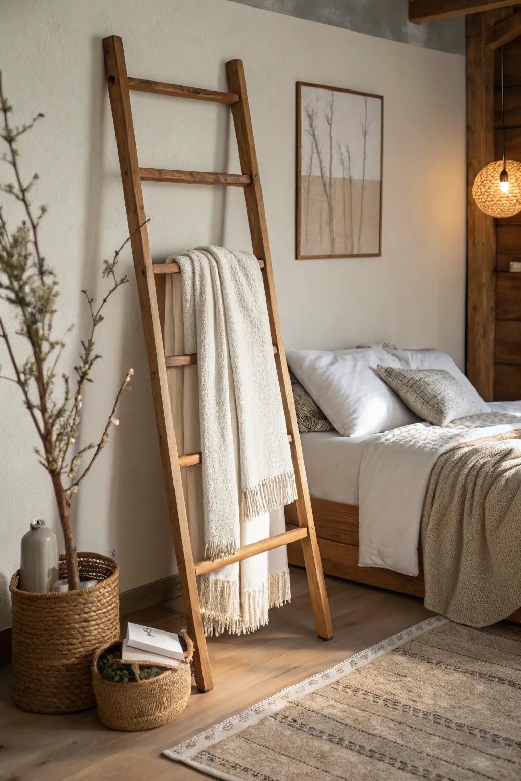 A ladder rack merges artistic display with practical comforter storage.