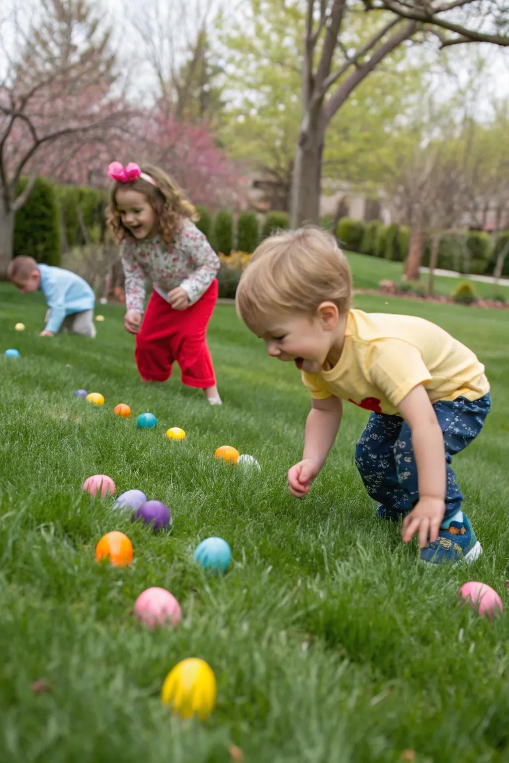 Outdoor amusement through an egg roll race.
