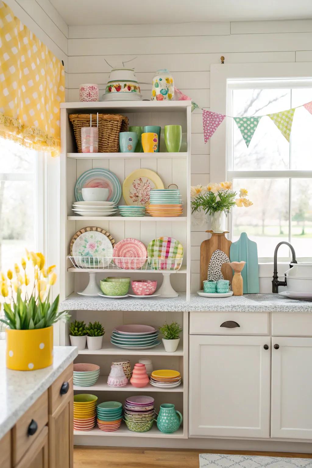 Easter-themed cookware contributes a festive accent to exposed shelves.
