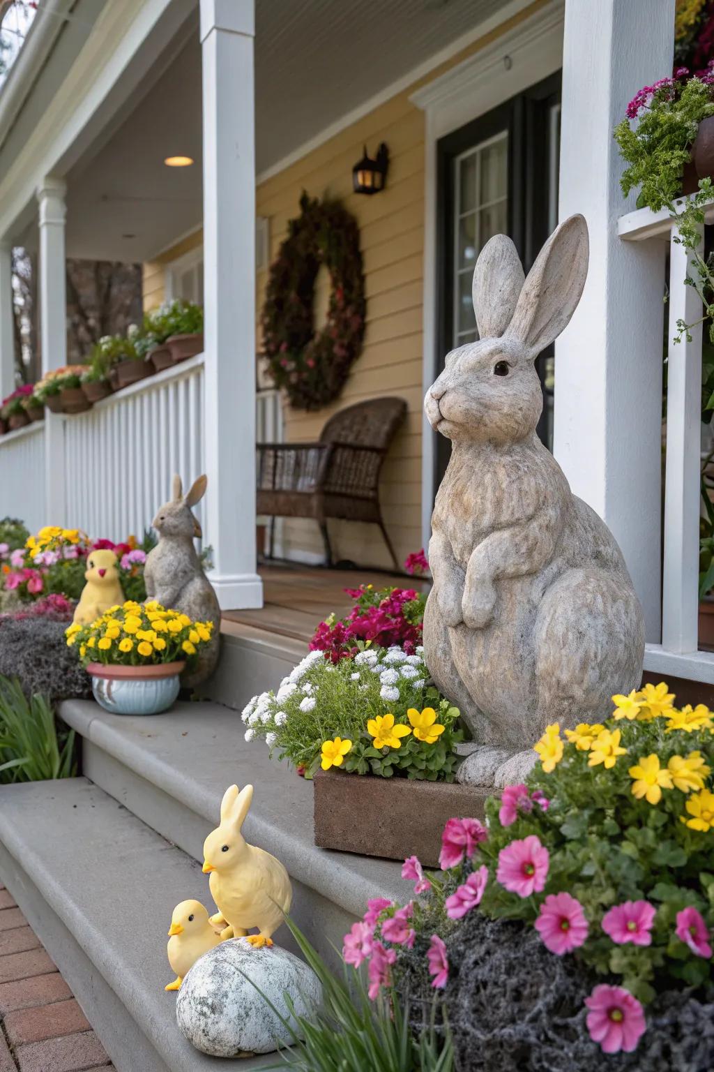 Garden statues infuse playful charm into your porch.