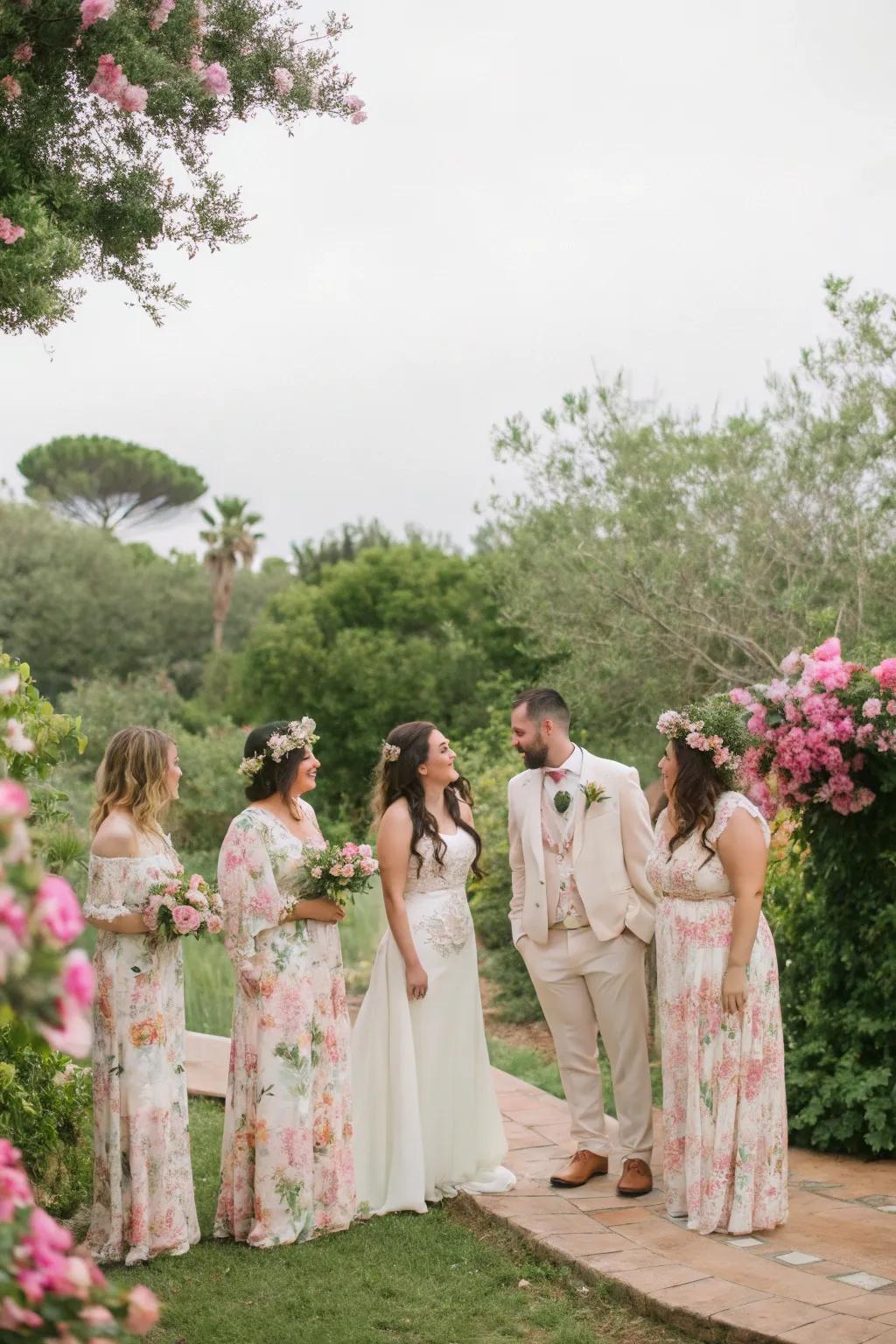 Wedding guests dressed in nature-inspired floral and pastel outfits.