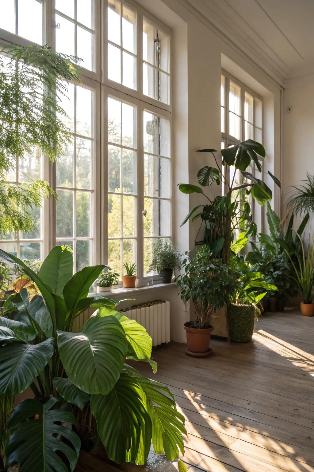 A bright room overflowing with natural light and lush greenery.