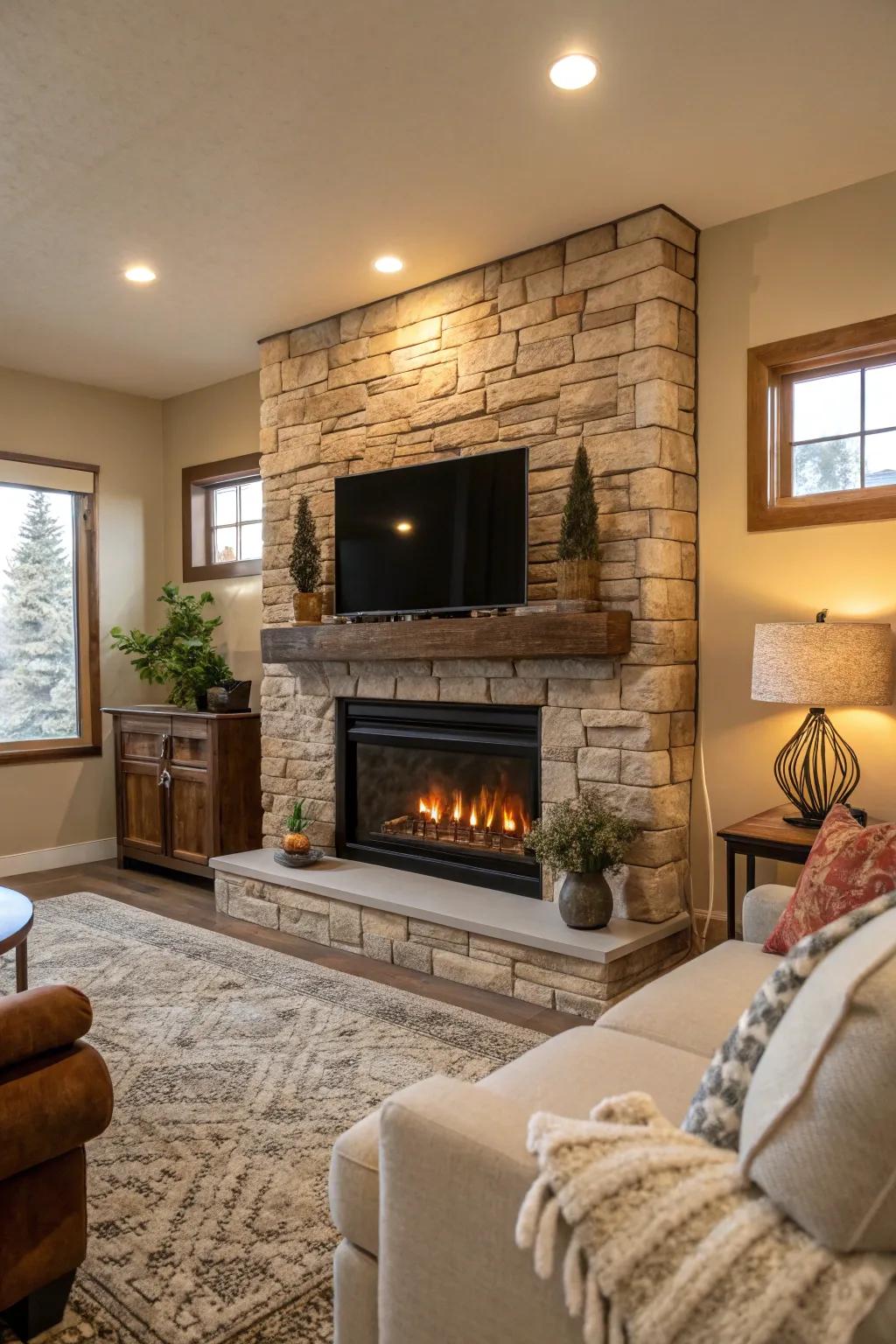 An electric fireplace featuring genuine stone cladding nestled within a cozy living area.