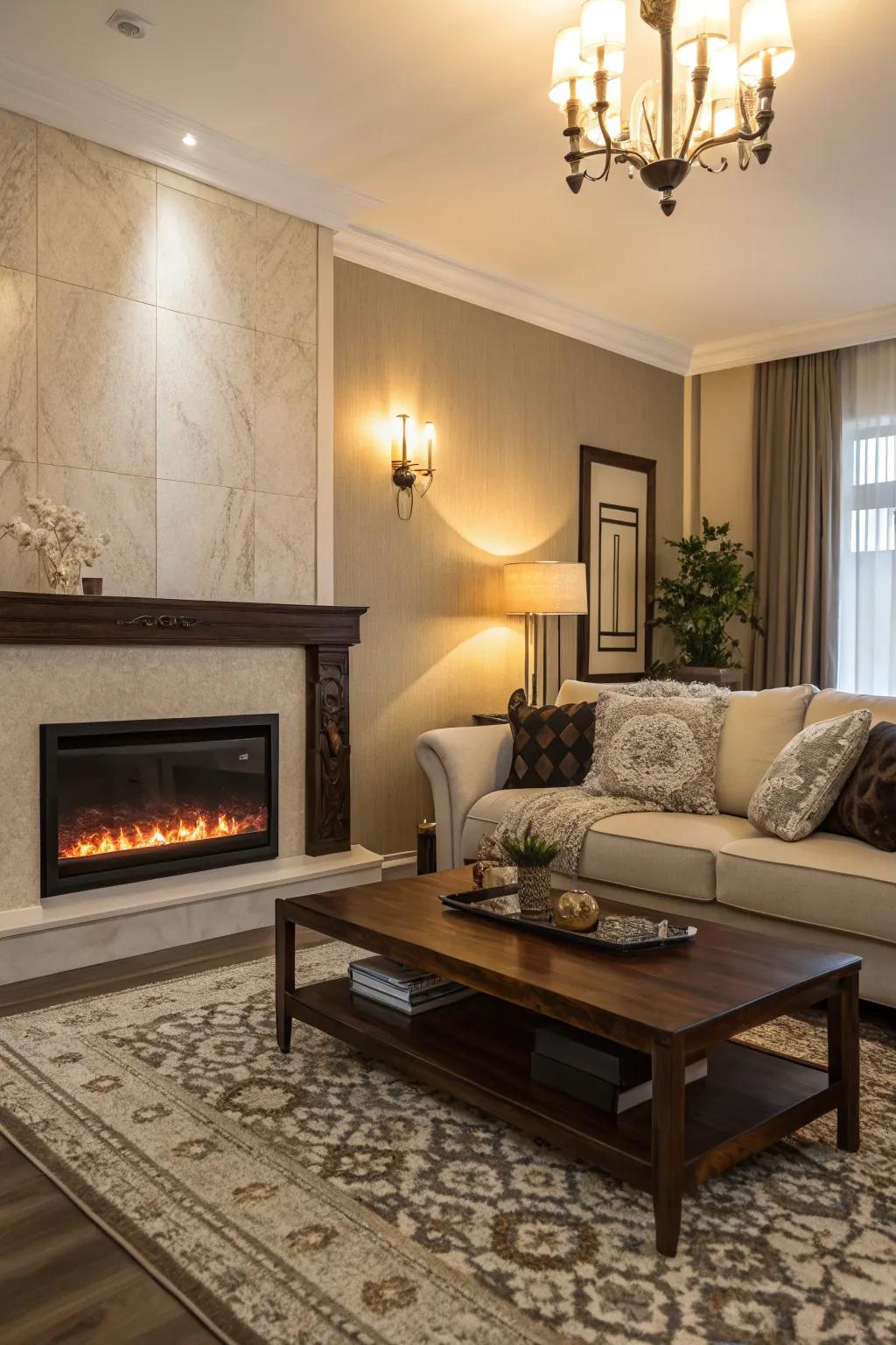 Harmonizing furniture highlights the modern heater's arrangement.