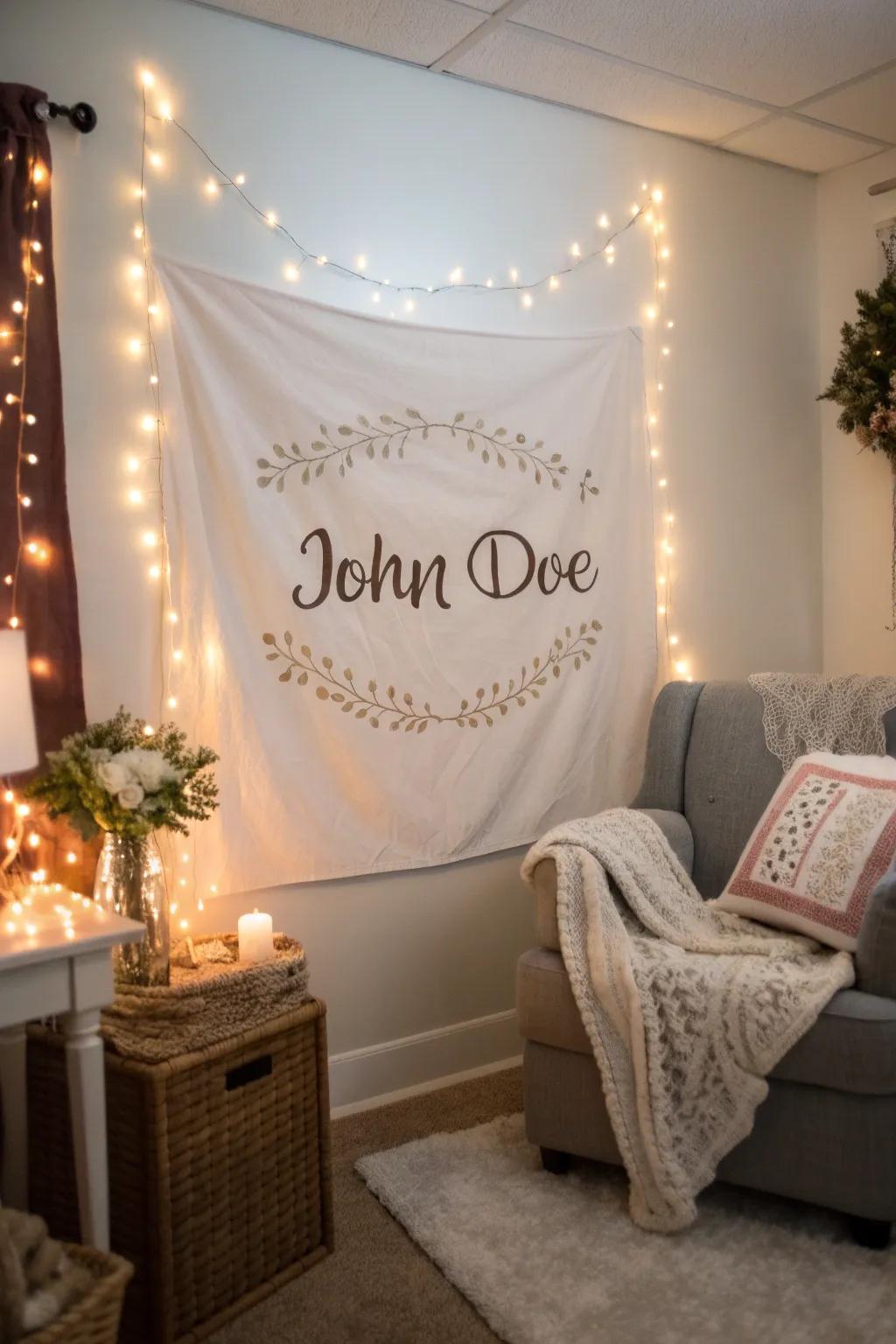 Personalized name banner elegantly displayed.