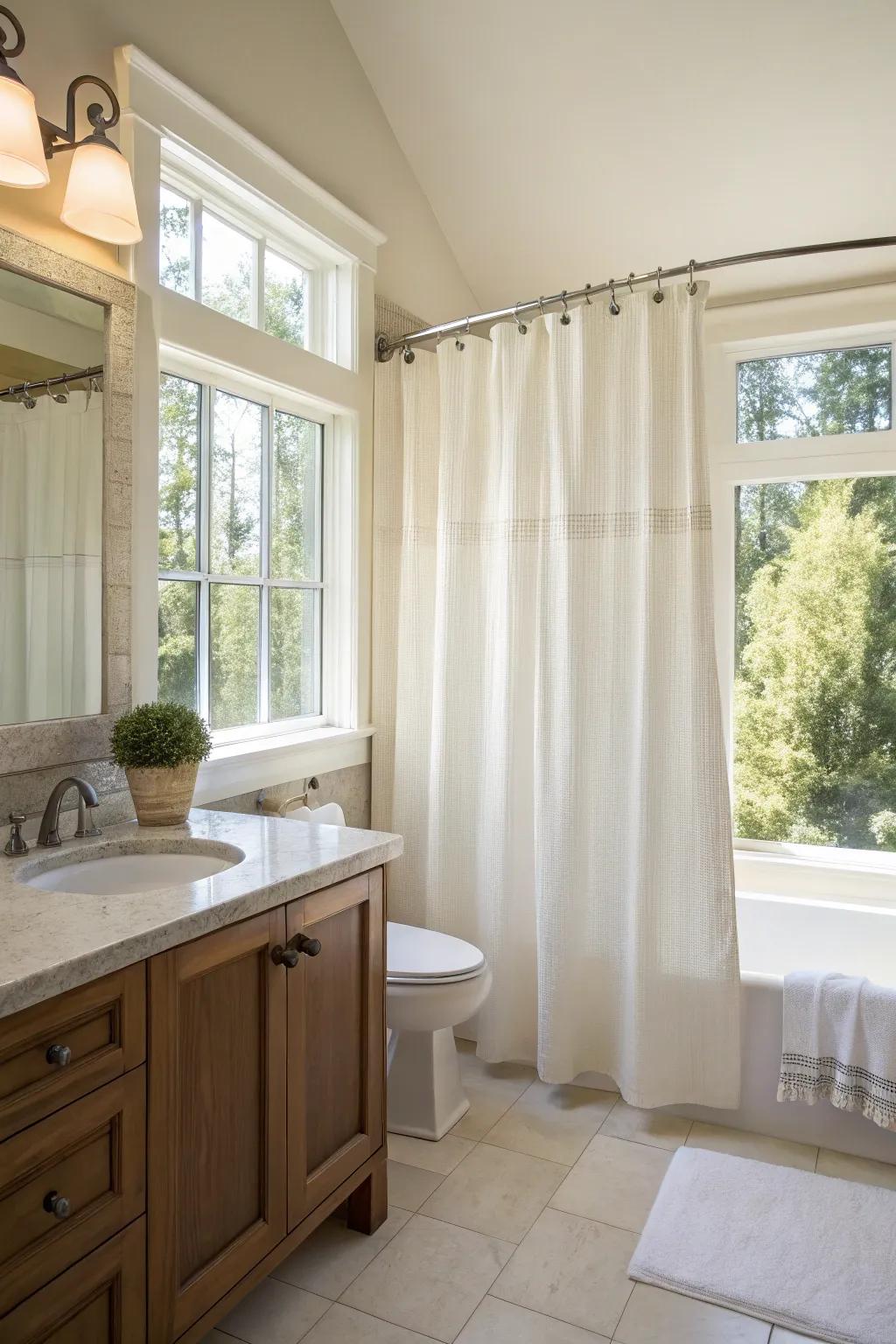 A bathroom that maximizes natural light through strategically placed shower curtains.