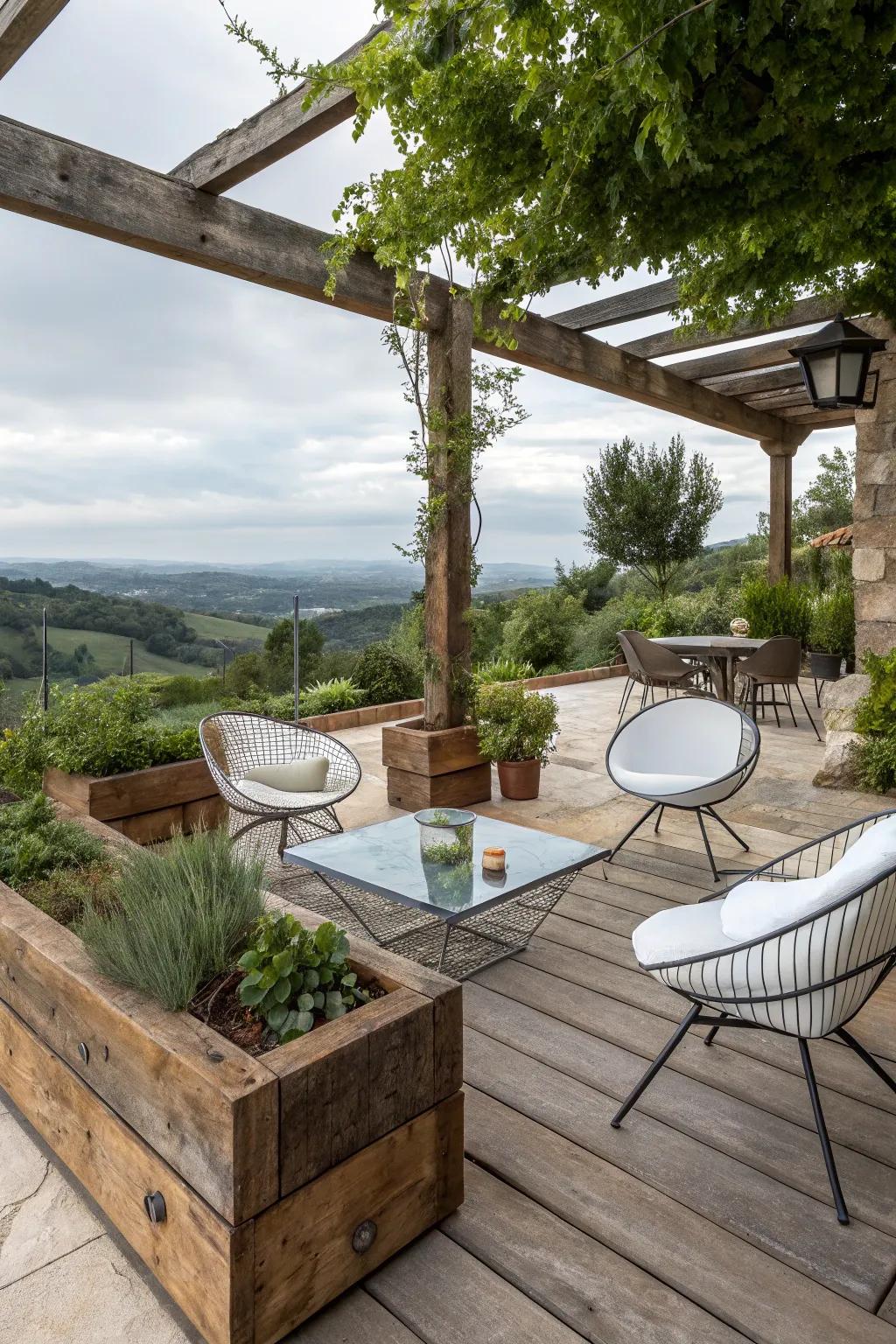Combining modern and rustic styles creates a unique patio aesthetic.