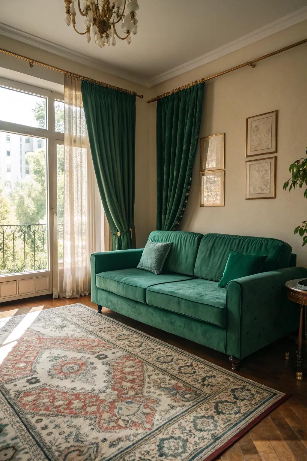 Patterned elements add richness to the area with an emerald green sofa.