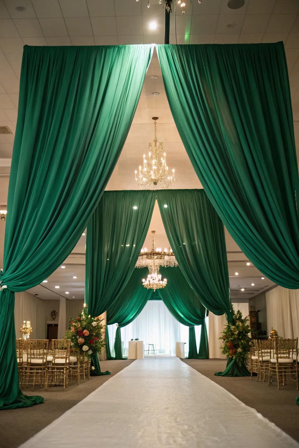 A venue transformed by elegant forest hangings.