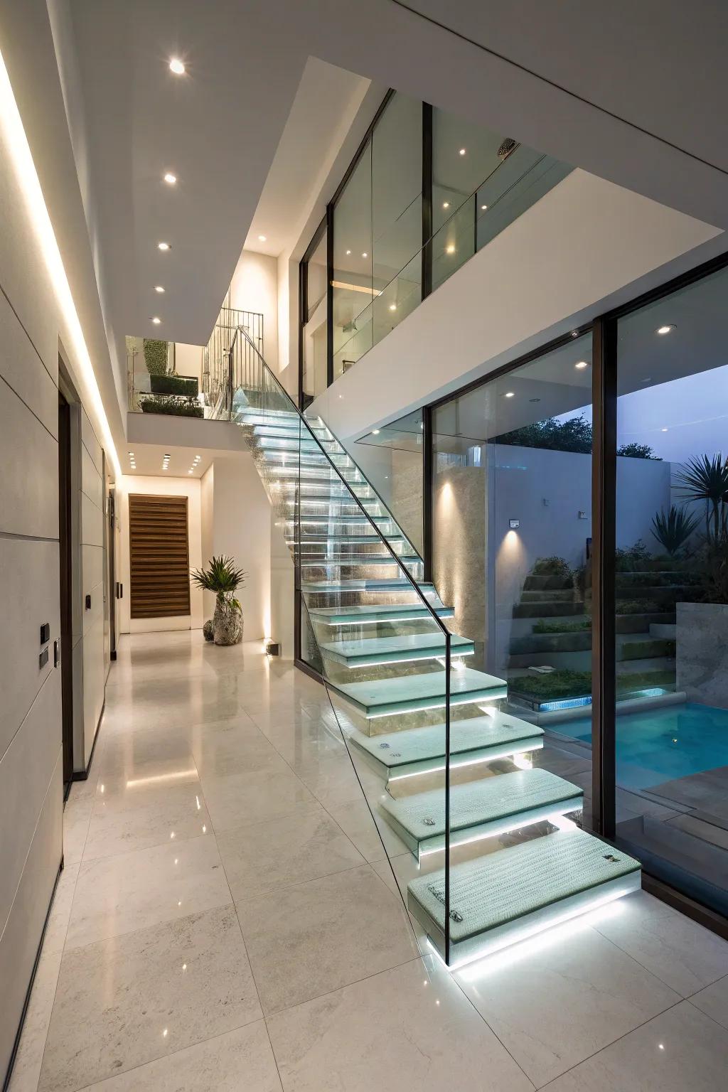 Stairwells gain structural intrigue from floating steps.