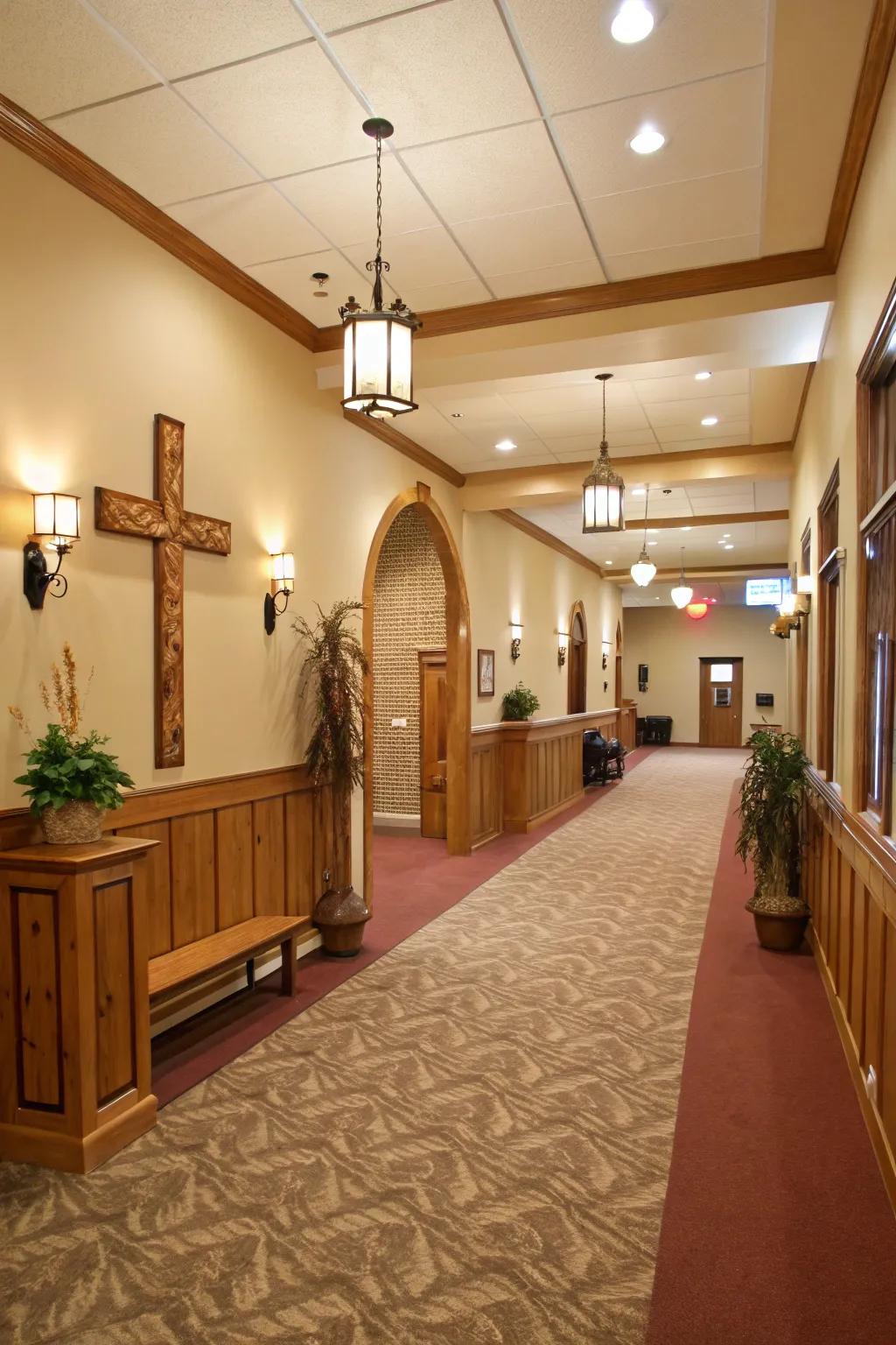 A muted and radiant color palette brings a calming feel to the church foyer.