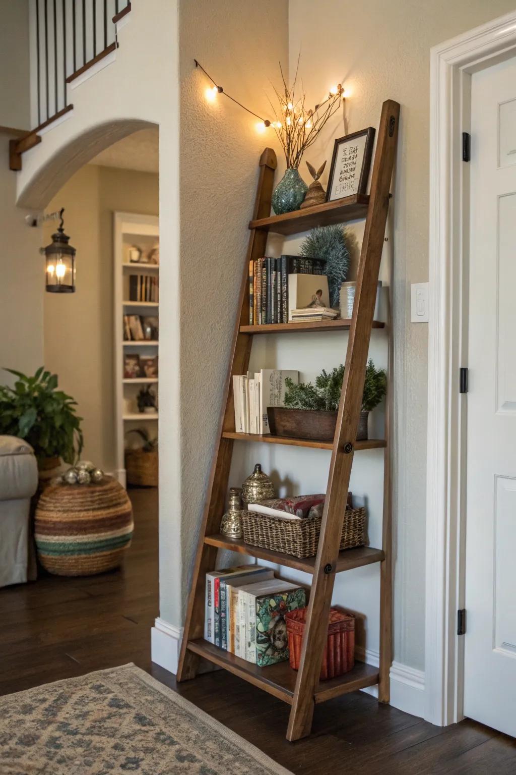 A ladder shelving unit combines flair and practicality in the entryway.