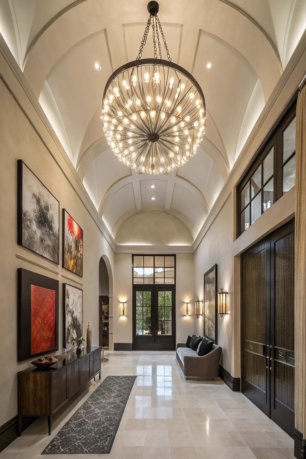 A statement light fixture establishes the vibe for this trendy entryway.