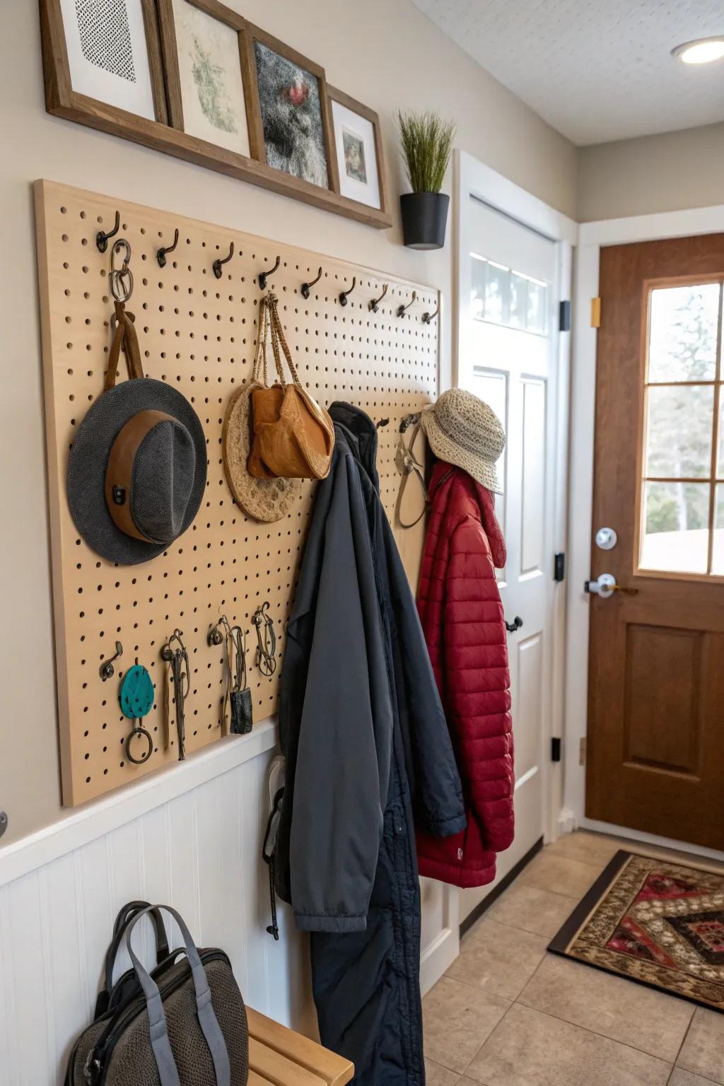 A pegboard offers flexible storage solutions in this mudroom.