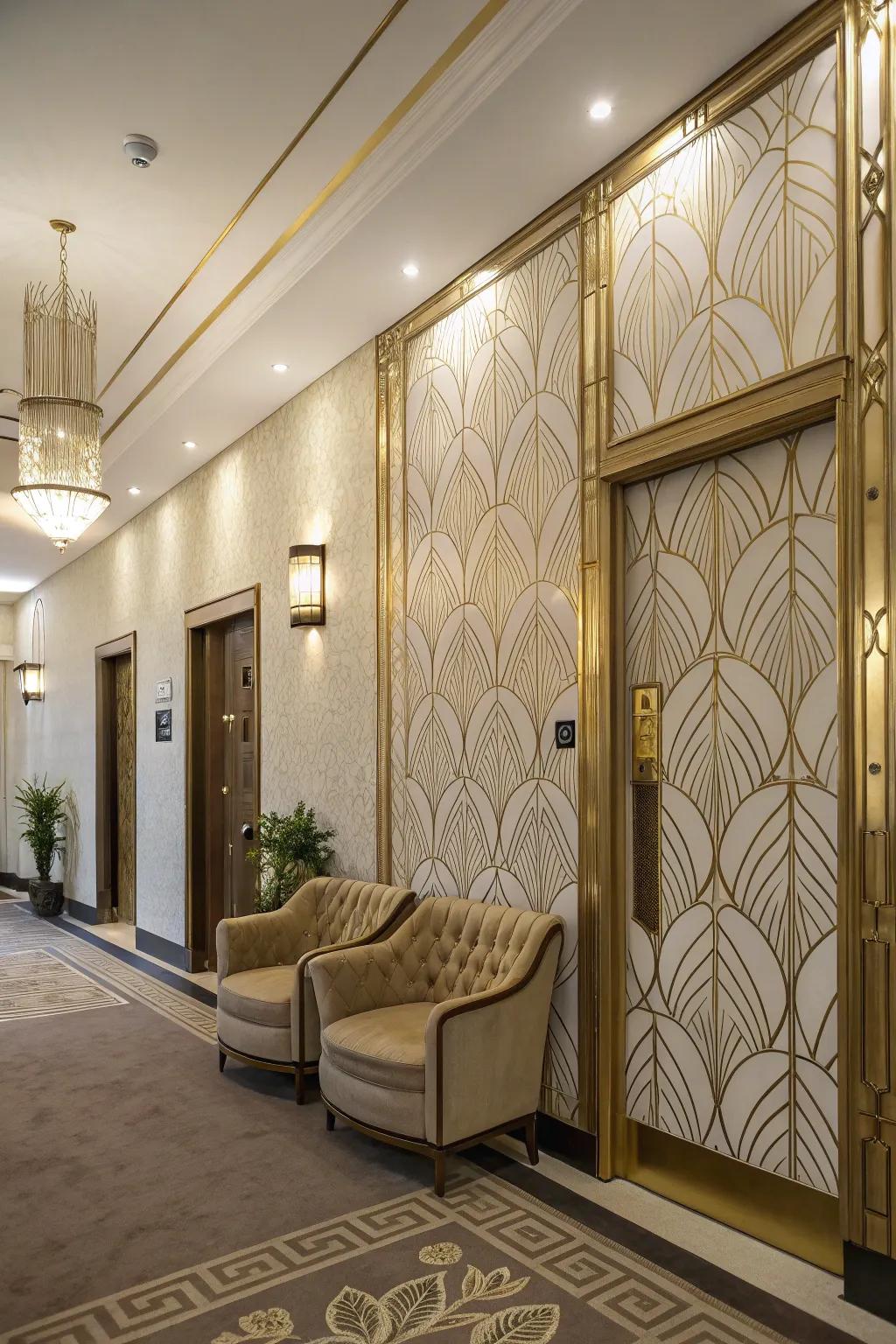 Glamorous entryway with Art Deco wallpaper for a dramatic flair.