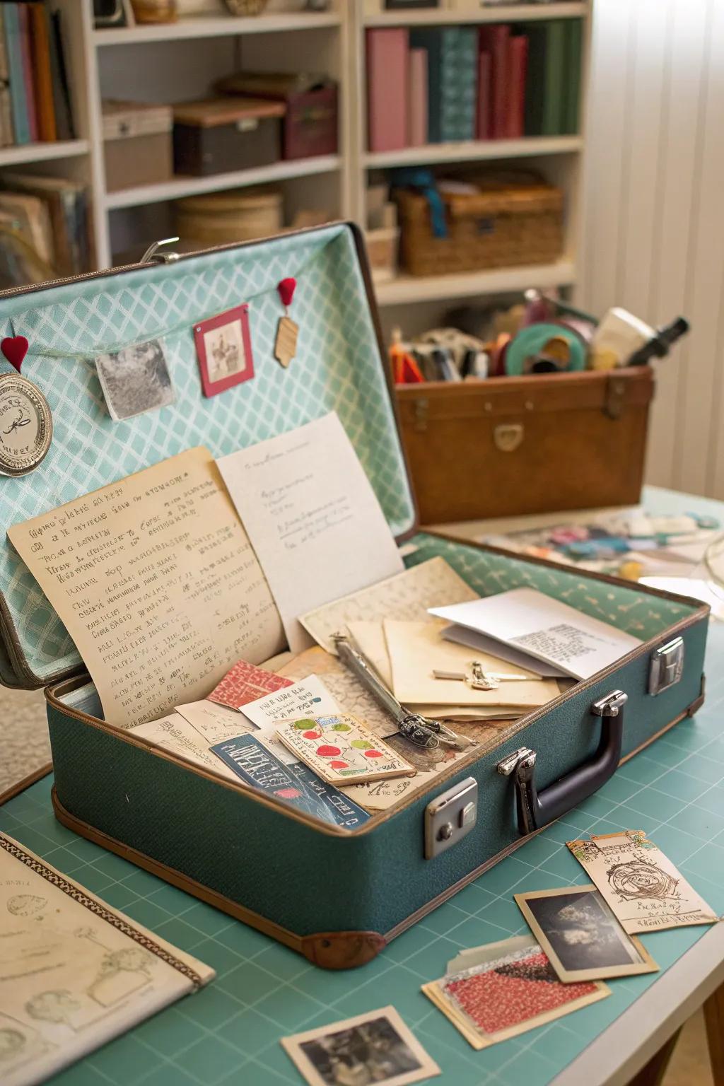 A vintage suitcase offers a charming storage solution.