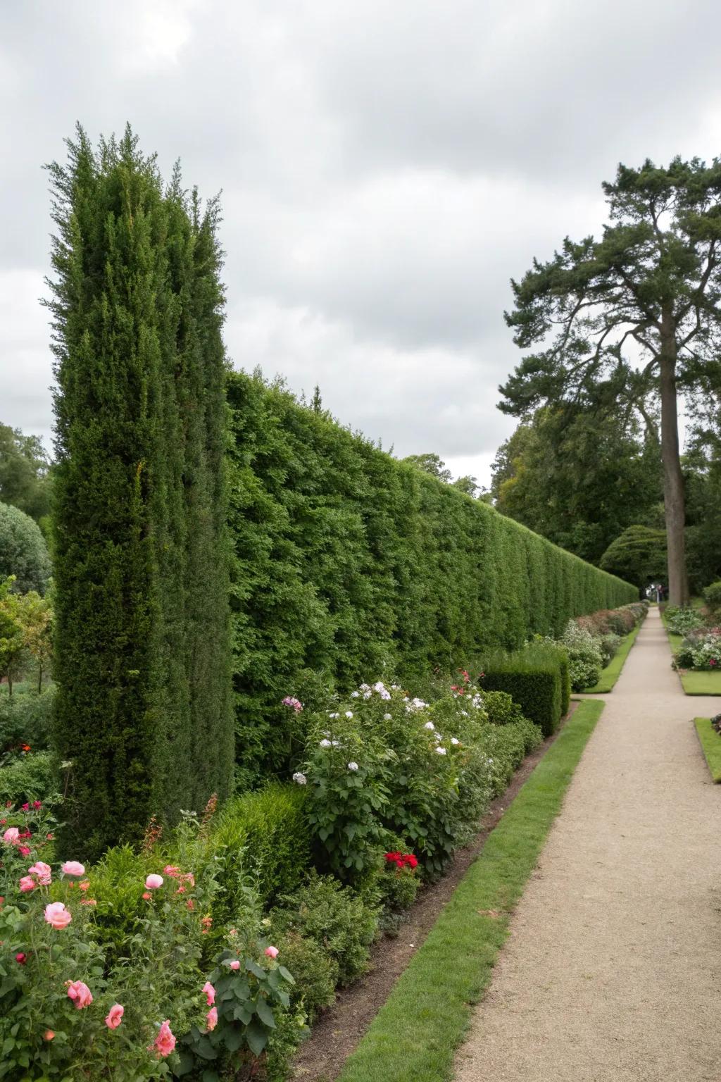 A private garden with tall evergreen screens for added seclusion.