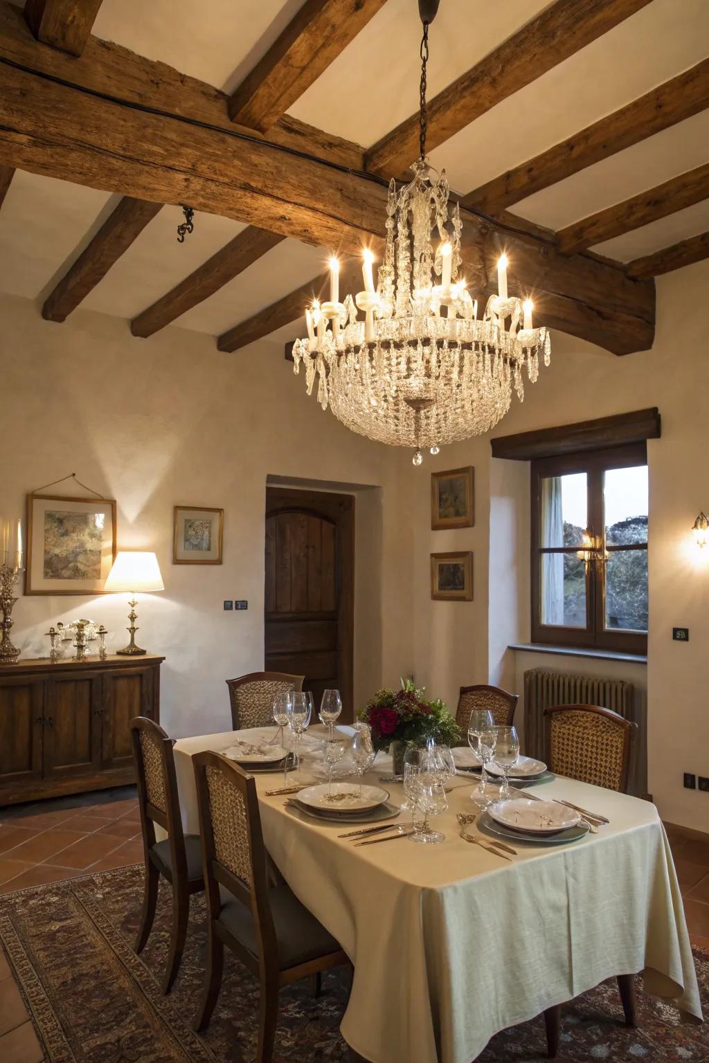 Glamorous crystal chandelier for a sparkling dining experience.
