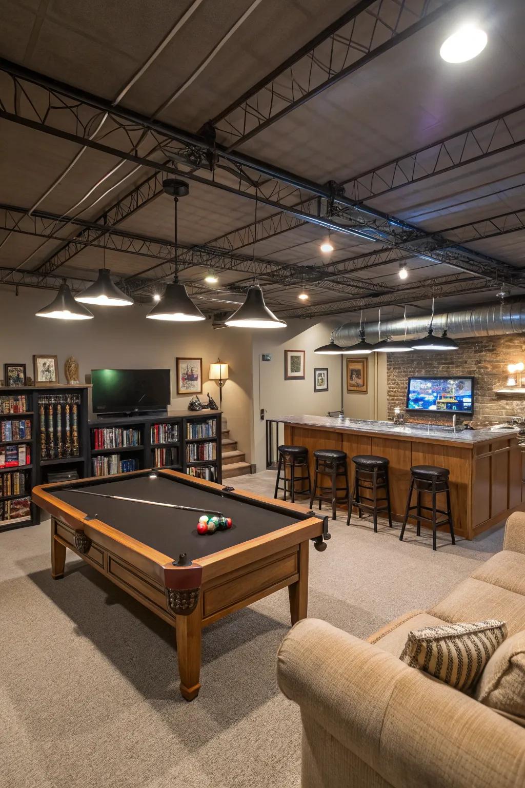 Strategic furniture placements fashion practical segments in a basement featuring a bare ceiling.