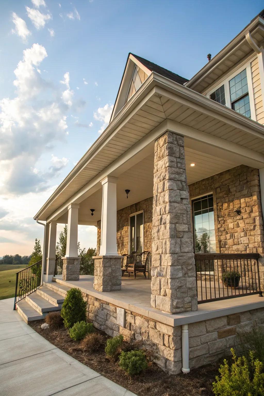 Stone-clad columns adding sophistication and elegance to home exteriors.