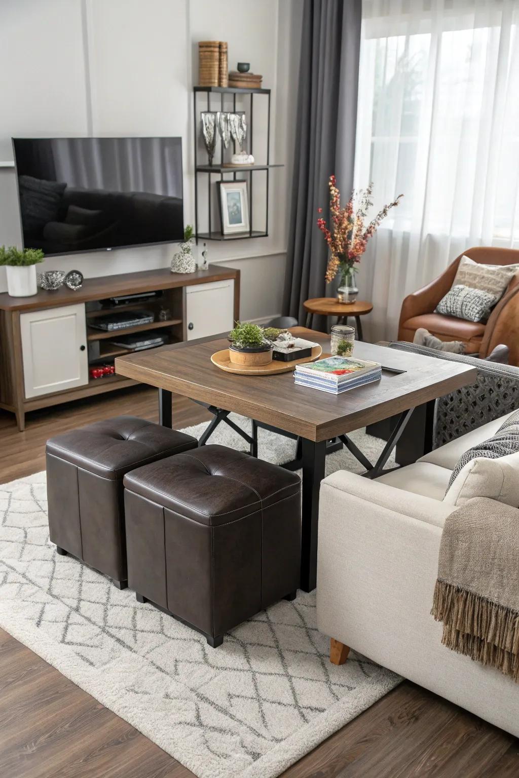 Tables of multiple use offer smart solutions for saving space.