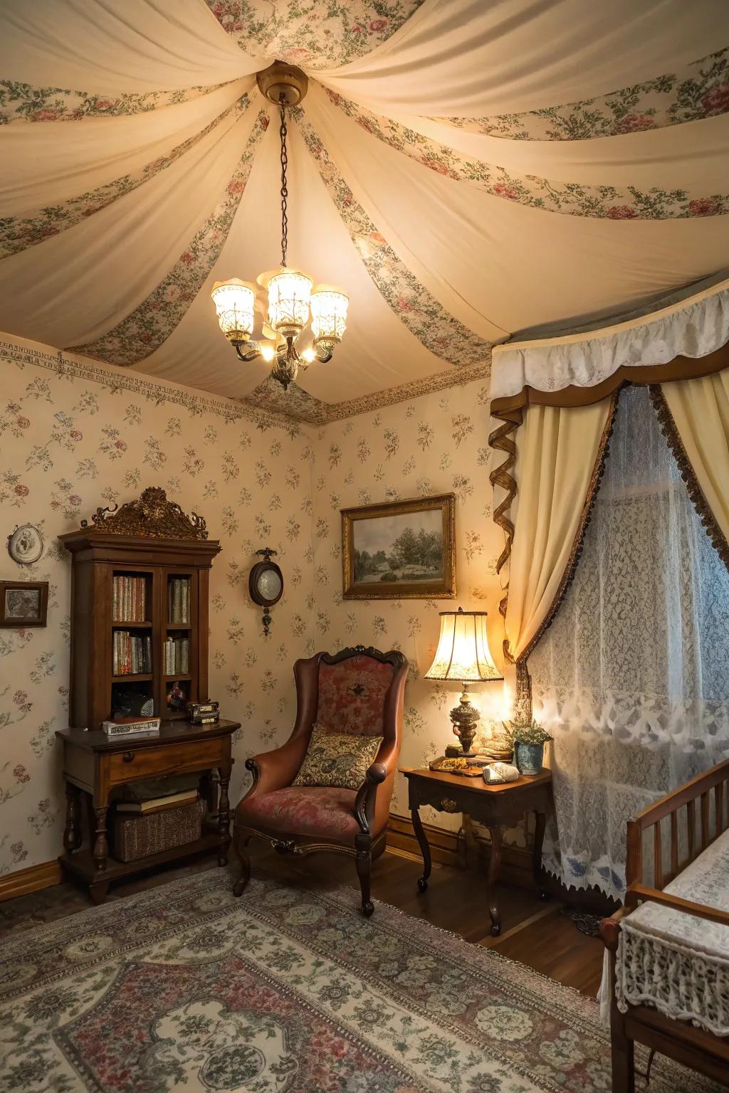 Add retro allure with nostalgic fabric ceilings.