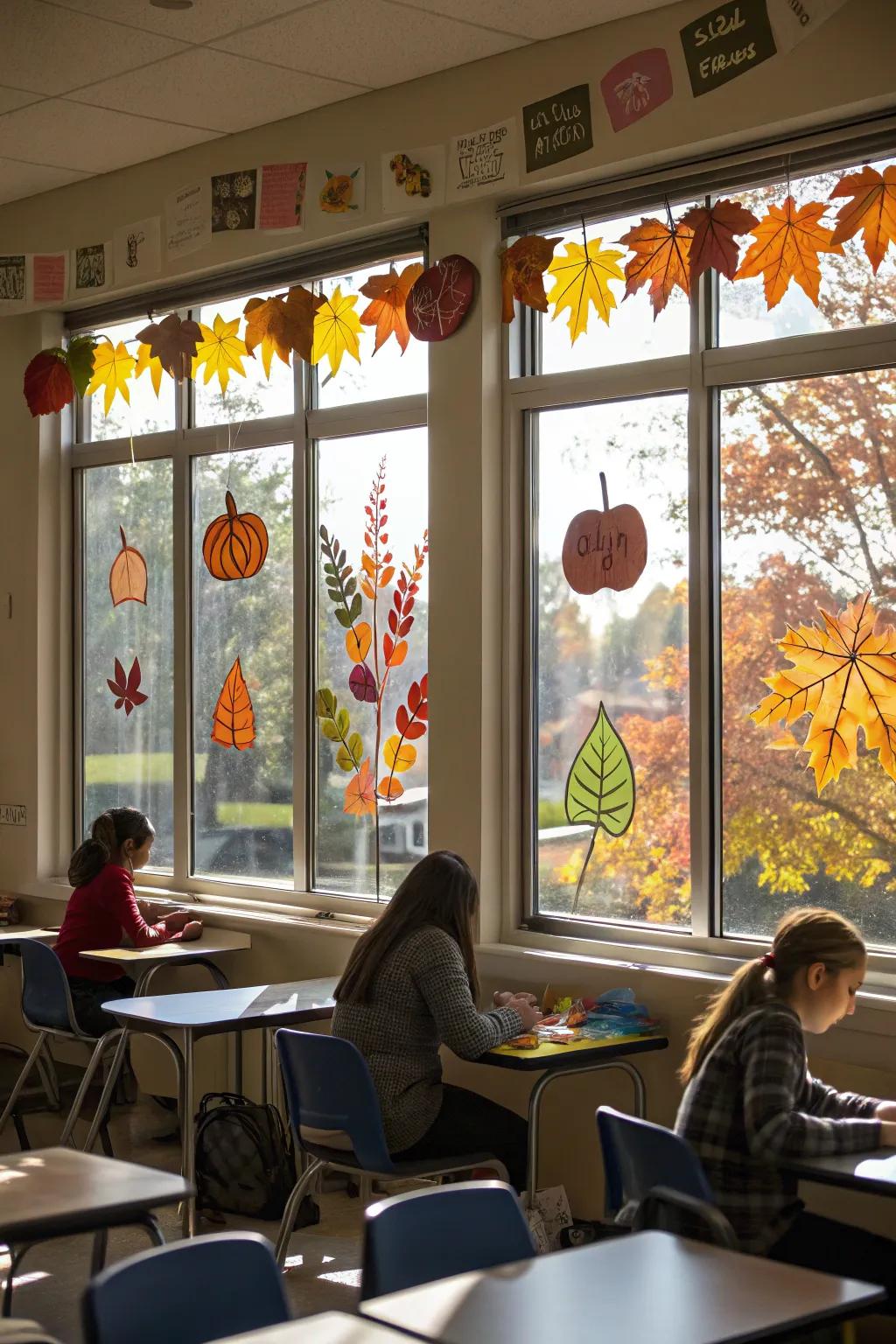 Sunlight dances through fall-themed window clings.