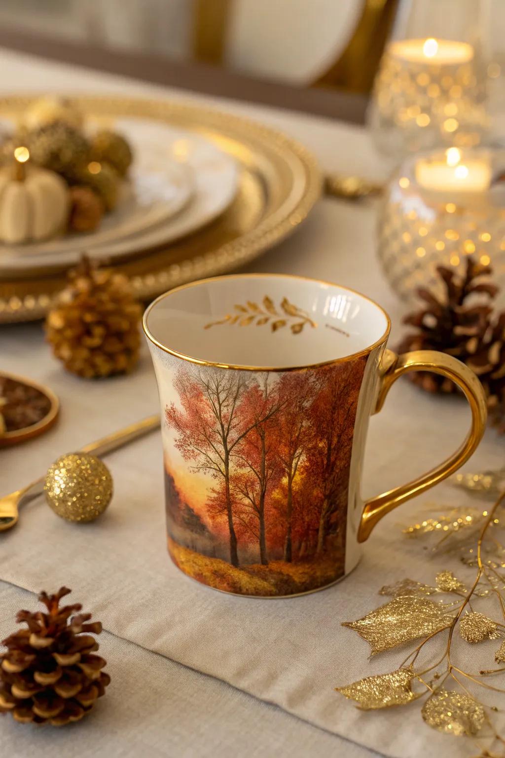 Sophisticated cup with gilded autumnal accents.