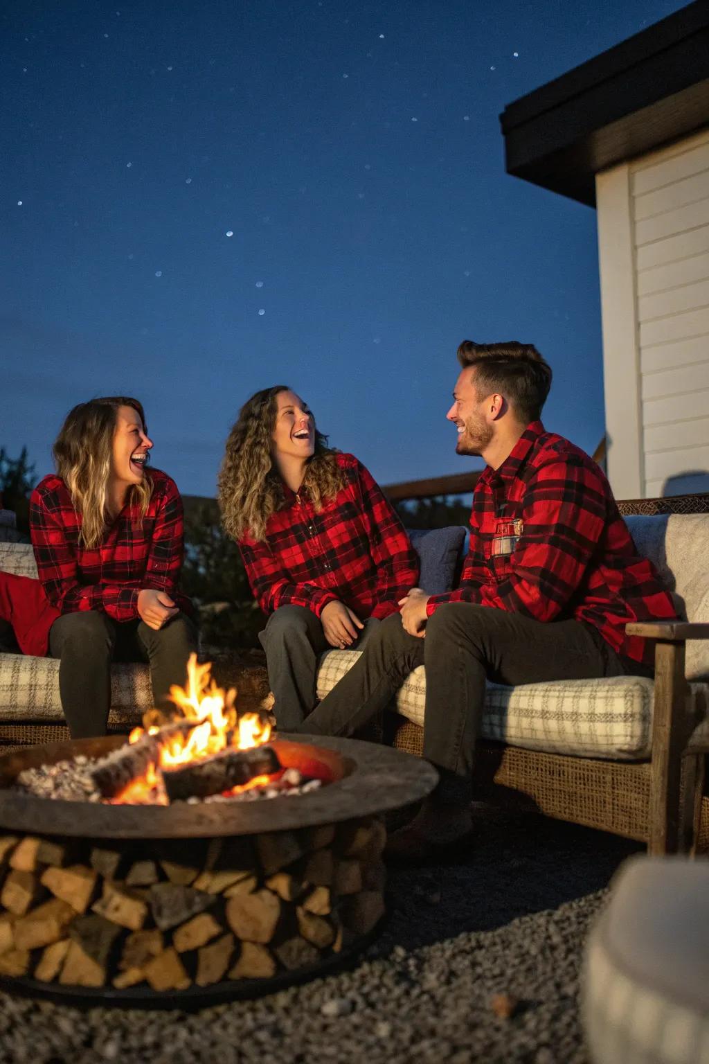 A cozy flannel-themed gathering around a fire pit.