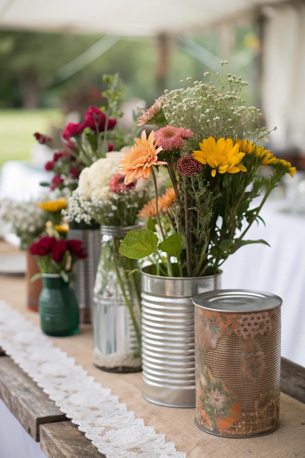 A mixed assortment of receptacles adds a personalized touch to this fall wedding table.