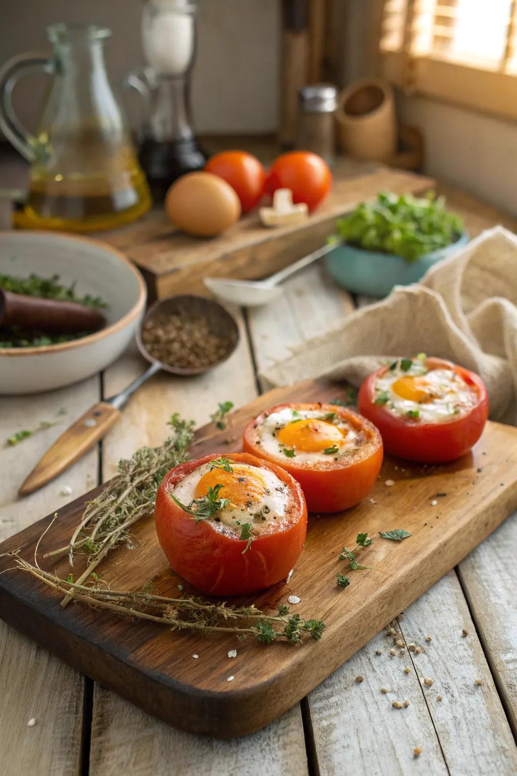 Eggs in a tomato chalice provide a revitalizing and succulent option.