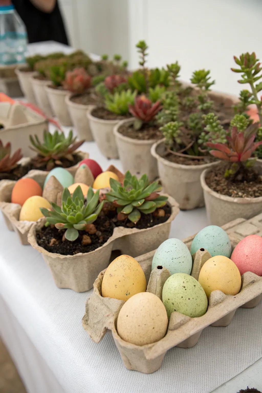 Ovum receptacles repurposed with succulents append a quirky farm touch.