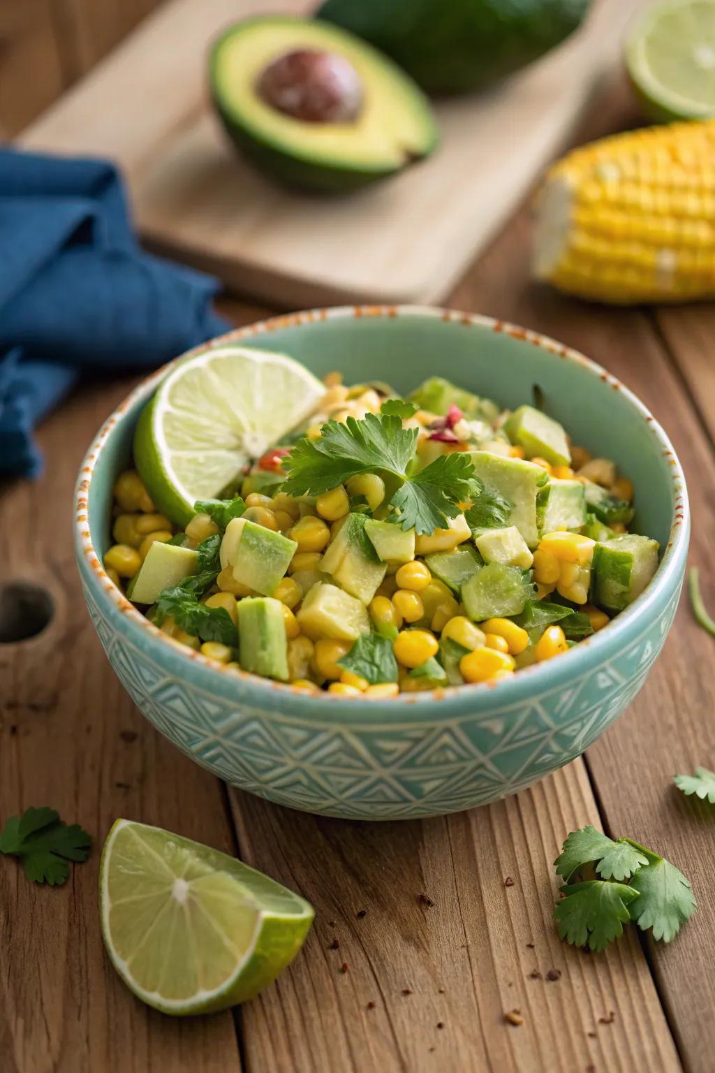 Corn and avocado salad, overflowing with the liveliest, freshest flavors.