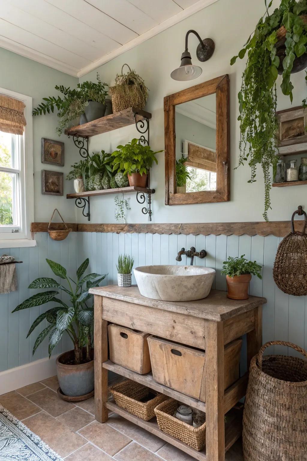 Greenery adds a rejuvenating and soothing element to a farmhouse bathroom.