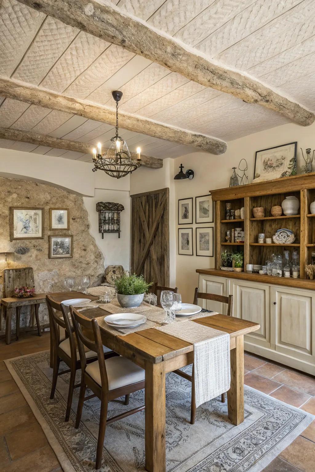 Embossed ceilings inject heightened dimension and intrigue into this farmhouse dining space.