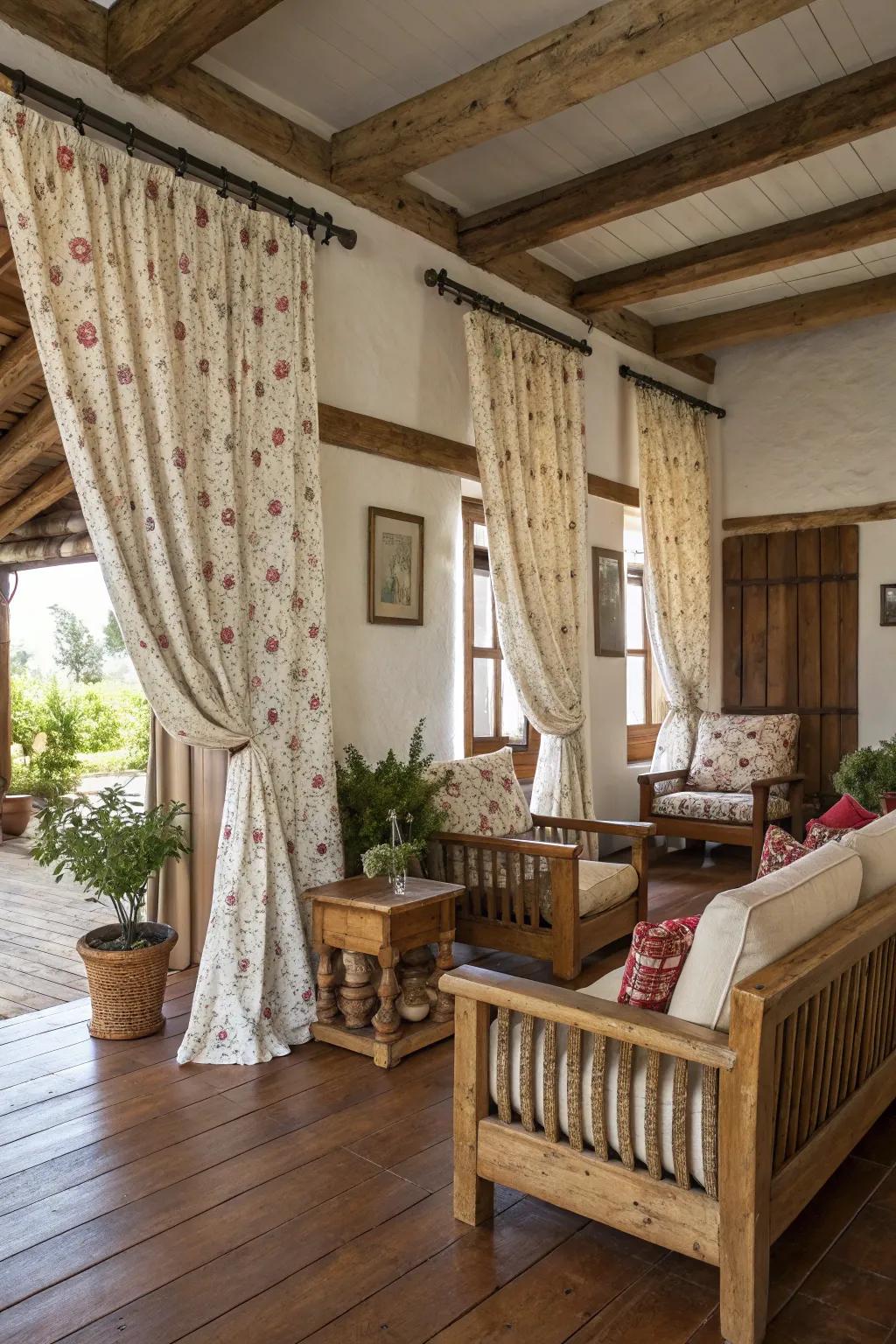 Coordinated farmhouse curtains and furniture creating harmony in a rustic lounge.