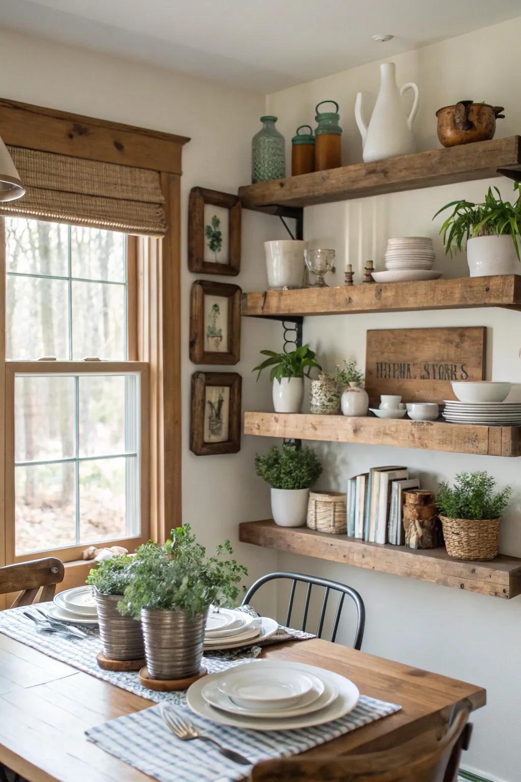 Wall-mounted shelves offer storage and style in this farmhouse dining space.