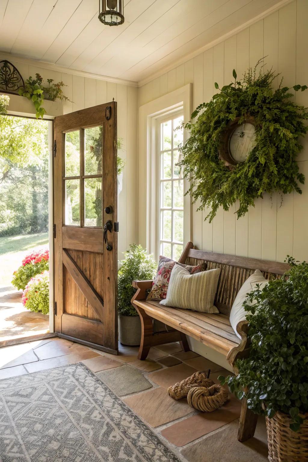 Greenery and a wreath add a fresh element to the entryway.