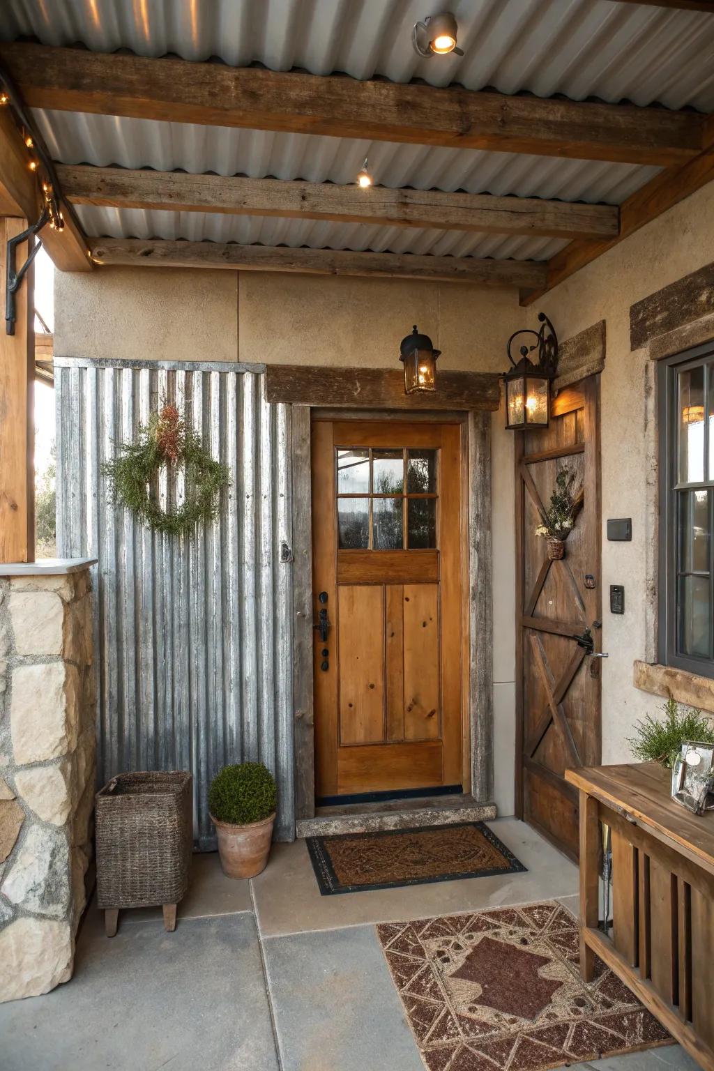 An entryway with industrial flair employing galvanized steel accents.