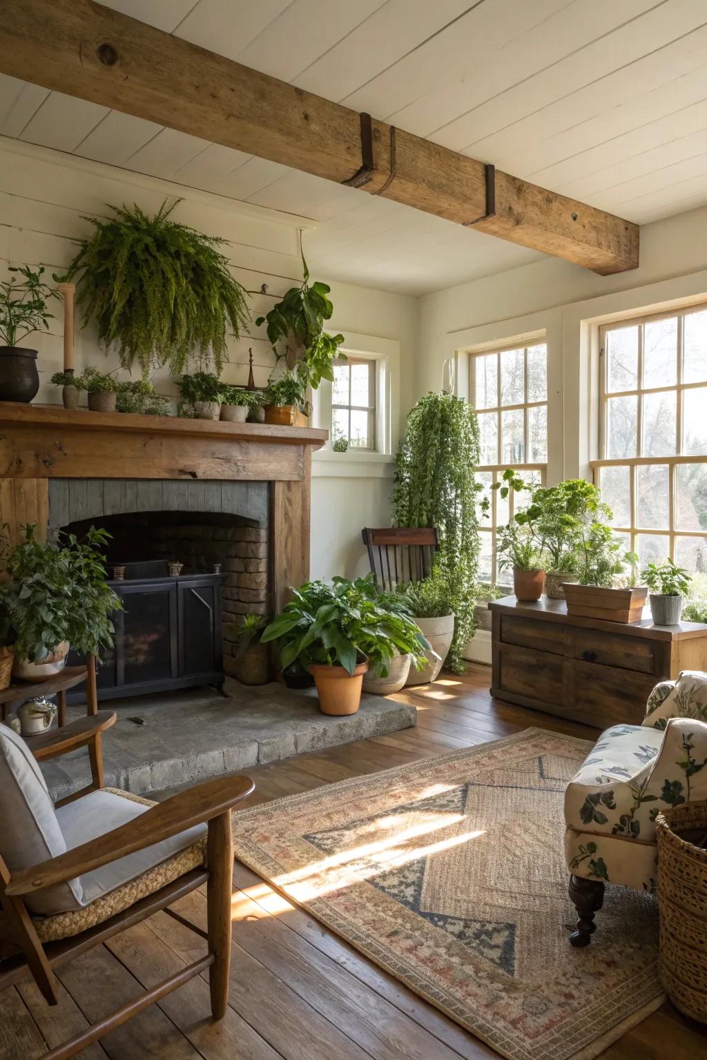Vegetation appending inherent splendor to a farmhouse fireplace.